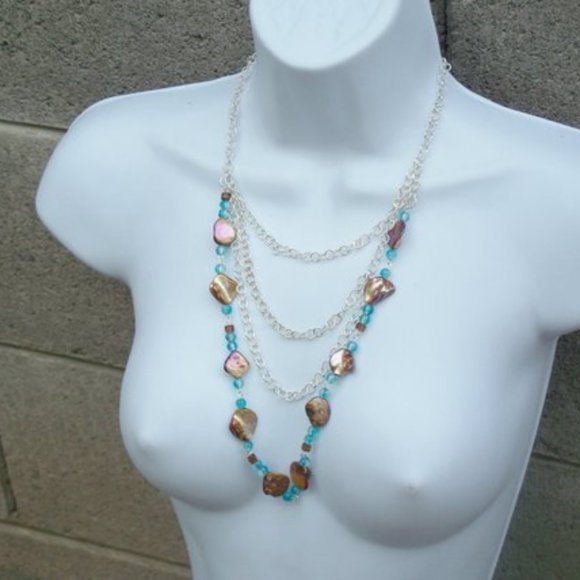 Handmade Shell Statement Necklace with Blue Glass Beads and Multi Strand Chains - Picture 14 of 15